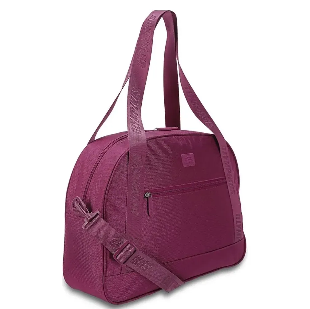 Bolsa Olympikus bordô em perspectiva lateral mostrando alça tiracolo e bolso frontal